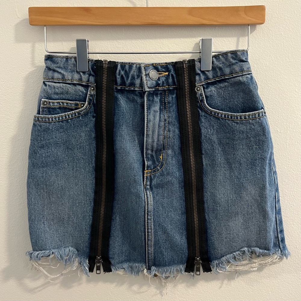 LF Carmar Distressed Denim Mini Skirt with Double Zipper
